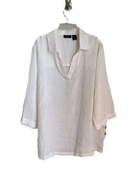 Tahari 100% Linen White Tunic Top Collared 3/4 Sleeve Beach